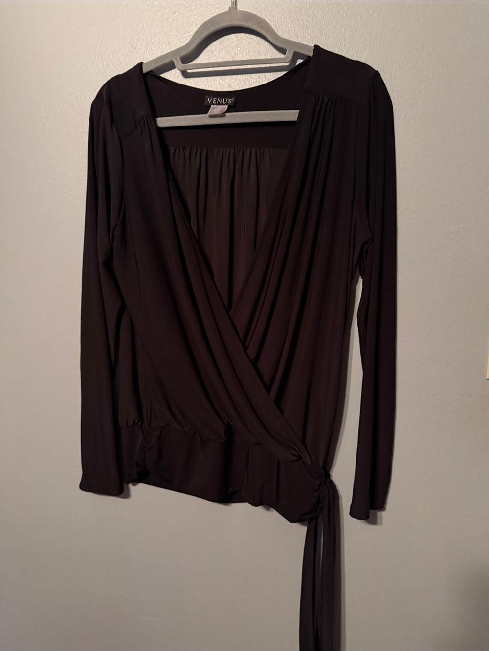 VENUS Black Wrap Tie-Front Long Sleeve Blouse